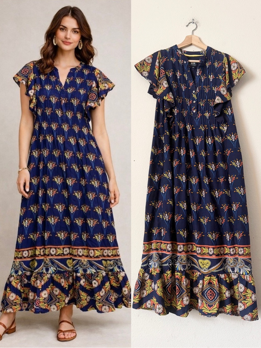 Anthropologie Maeve PETITE SMALL Cassandra navy floral flutter sleeve maxi dress